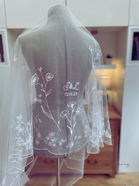 Initials and wedding date embroidered on a bespoke veil using artisan freemotion embroidery. Bridal Veil Embroidery, Wedding Veil Embroidery, Bespoke Veil, Embroidered Wedding Veil, Embroidery Veil, Initials Embroidery, Veil Embroidery, Freemotion Embroidery, Veil Ideas