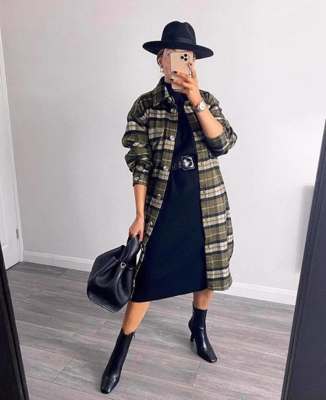 How To Wear A Long Shacket, Long Shacket Outfit Women Winter, Shacket Dress Outfit, Long Plaid Shacket Outfit, Shacket With Dress, Shacket And Dress Outfit, Dress With Shacket, How To Style A Shacket, Long Shacket Outfit Women