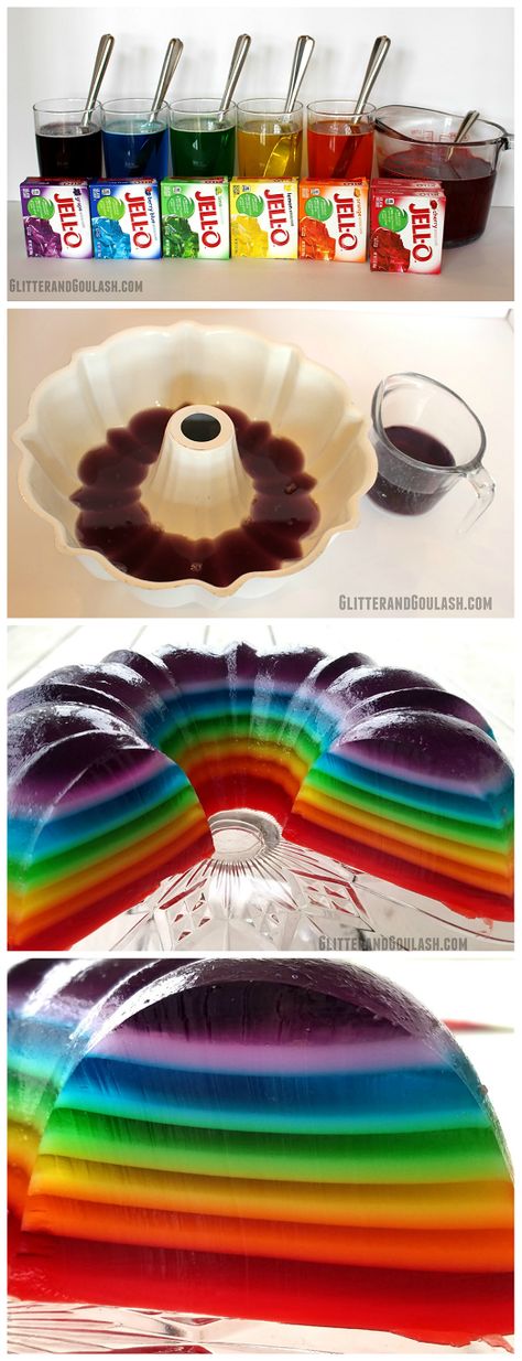 Rainbow Jello Mold using a bundt pan...what a fun dessert for a party or st.patricks day!! Dessert For A Party, Rainbow Jello, Fun Dessert, Trolls Birthday Party, Jello Desserts, Jello Mold, Troll Party, Jello Molds, Jello Recipes