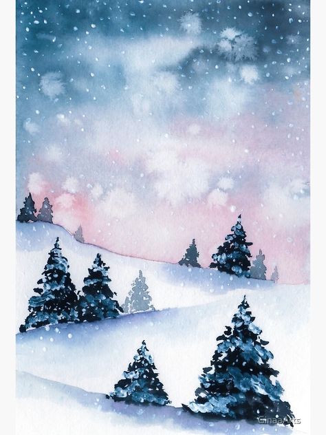 "Winterlandschaft Aquarell" Fotodruck von GinaaArts | Redbubble Aquarell Christmas Cards, Aquarell Christmas, Christmas Aquarell, Winter Landscape Watercolor, Winter Karten, Christmas Landscape, Small Canvas Paintings, Winter Watercolor, Christmas Card Art