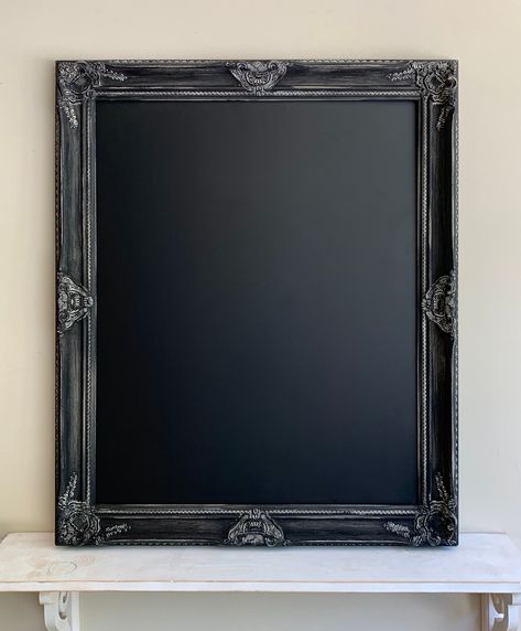 "Black MAGNETIC CHALKBOARD  A reproduction of a 19th century baroque style frame transformed into a beautiful fabric bulletin board. Hand painted  for a timeless vintage look perfect for any home, wedding, event or business. OVERVIEW: - Approx. size: 30x36 Outside, 24x30 Inside - Frame Color: YOUR COLOR CHOICE (Midnight w/ Cream Undertones SHOWN) - Magnetic Chalkboard  (YOUR CHOICE) - Comes ready to hang vertically. Add to the checkout notes if you want your piece to run horizontally. MADE to OR Large Framed Chalkboard, Love Cards For Husband, Broken Iphone Screen, Business Overview, Fabric Bulletin Board, Fridge Photos, Kitchen Chalkboard, Large Chalkboard, Chalkboard Decor