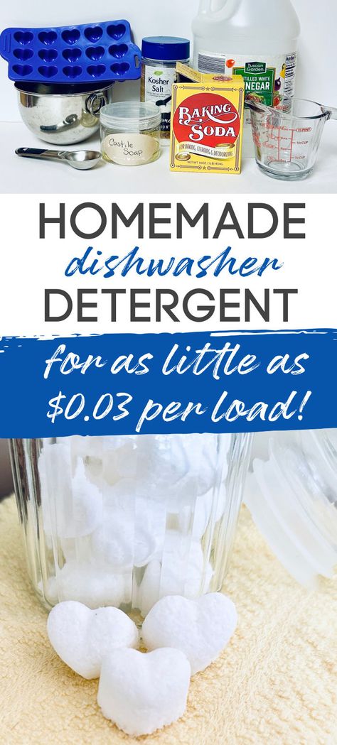 Image of ingredients for homemade dish detergent and finished dishwasher detergent tablets and text "Homemade dishwasher detergent for as little as $0.03 per load!" Homemade Dishwasher Tablets, Diy Dishwasher Cleaner, Diy Dishwasher Soap, Homemade Dishwasher Soap, Best Dishwasher Detergent, Natural Dishwasher Detergent, Diy Dishwasher Detergent, Homemade Dishwasher Detergent, Diy Detergent