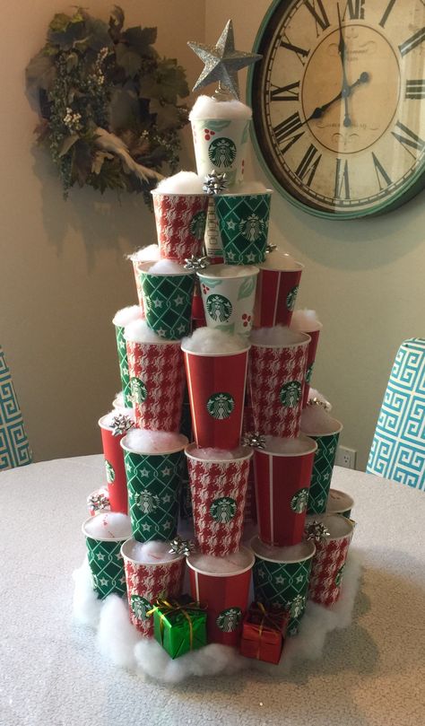 My Starbucks Cup Christmas Tree Starbucks Holiday Decorations, Starbucks Themed Christmas Tree, Christmas Caffe Decorations, Starbucks Crafts Diy, Coffee Christmas Decorations, Starbucks Cup Wreath, Christmas Coffee Shop Decor, Starbucks Christmas Decorations, Coffee Themed Christmas Tree