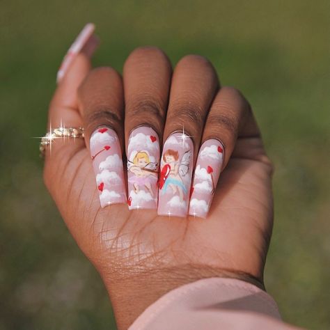 Valentines Day Nail Art Designs, Cupid Nails Acrylic, Cupid Acrylic Nails, Valentines Day Nails Cupid, Cupid Nail Art, Cupid Nails Designs, Cupid Nails, Cherub Nails Designs, Airbrushed Valentines Nails