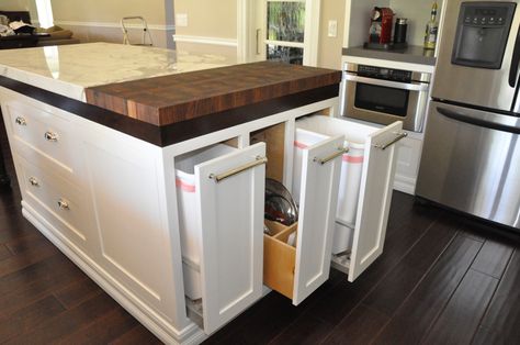 island with trash bins on end Kitchen Cabinets Orange, Guest Kitchen, Narrow Kitchen Island, Kitchen Island Storage, Kitchen Island Cabinets, Kitchen Island Plans, Kitchen Island Table, White Kitchens, Modern Kitchen Island