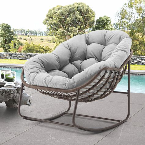 PRICES MAY VARY. 【EGG SHAPED ROCKER】This large egg rocking chair measures 43.7" D x 37.2" W x 31.5" H, it has an elegant egg shape that wraps you in its comfortable structure and swings 30° back and forth, rocking gently and smoothly to give you maximum comfort to rest. 【SPECIAL FRAME MATERIALS】The frame of this adults lounge chair is made of coated steel and hand-woven rattan, with a strong structure that can support 330 lbs, while the rattan material is UV resistant and durable, making it more Reclining Rocking Chair, Comfy Rocking Chair, Egg Shaped Chair, Rocking Chair Pads, Metal Rocking Chair, Rattan Rocking Chair, Rocker Recliner Chair, Patio Rocking Chairs, Rocker Chairs