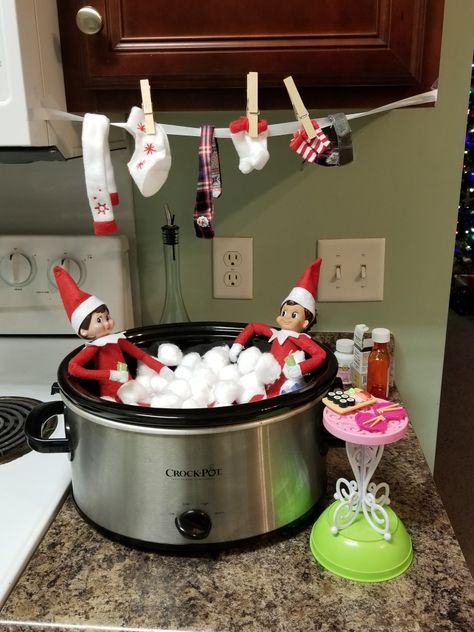 Elf on the shelf. Elf hot tub and eating sushi Elf On The Shelves, Elf Ideas Easy, Bad Elf, Elf Letters, Elf Magic, Awesome Elf On The Shelf Ideas, Elf Activities, Elf Props, Xmas Elf