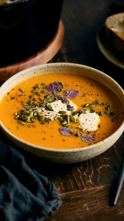 Curry Pumpkin Soup Pioneer Woman, Aip Fall Soups, Pumpkin Turmeric Soup, Aip Pumpkin Soup Recipes, Asian Pumpkin Soup, Vegan Golden Soup, Instapot Pumpkin Soup Recipe, Pumpkin Carrot Ginger Soup, Best Pumpkin Soup Ever