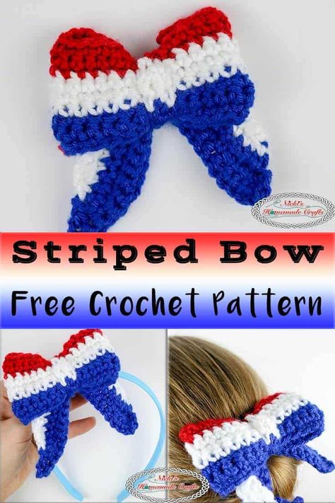 Crochet 4th Of July Patterns Free, Crocheted Bows, Crochet A Bow, Hair Tie Bow, Patriotic Crochet, Crochet Bow Pattern, Bandeau Au Crochet, Crochet Holiday, Crochet Bow