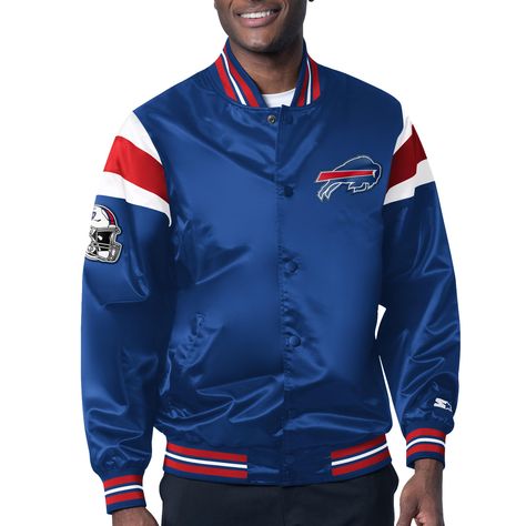 PRICES MAY VARY. Machine wash, tumble dry low Locker loop Brand: Starter Rib-knit collar, cuffs and bottom hem Add a new centerpiece to your wardrobe of team gear with this Satin Full-Snap Varsity Jacket from Starter. It features an embroidered team graphic and bold team colors for an eye-catching look. Plus, this jacket includes multiple pockets to store your small essentials, making it the perfect choice to wear on the next chilly team game day. Buffalo Bills Game Day, Highmark Stadium, Buffalo Bills Gear, Buffalo Bills Game, Varsity Jacket Men, Nfl Gear, Team Gear, Buffalo Bills, Mens Outerwear