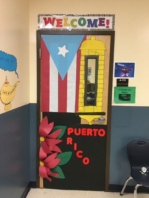 Puerto Rico Door Decoration, Puerto Rico Bulletin Board Ideas, Puerto Rico Classroom Door Decoration, Hispanic Heritage Door Decoration, Spanish Classroom Door, Hispanic Heritage Projects, Hispanic Heritage Month Bulletin Board, Classroom Door Decorating, Multicultural Classroom