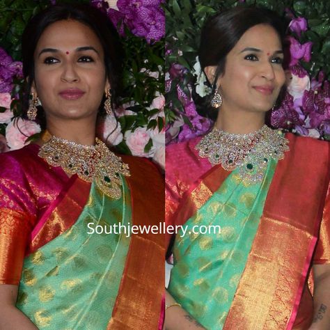 Soundarya Rajinikanth in a statement diamond and emerald necklace paired with matching earrings. soundarya at akash ambani wedding Akash Ambani Wedding, Akash Ambani, Ambani Wedding, Royal Indian Wedding, South Indian Wedding Saree, Diamond Necklace Wedding, Wedding Jewellery Designs, Bridal Diamond Necklace, Bridal Jewelery