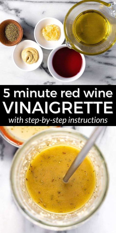 The Best Red Wine Vinaigrette Recipe (5 Minutes!) Red Wine Vinaigrette Dressing Recipe, Vinegarette Dressing Recipe, Red Wine Vinegarette, Vinegrette Recipe, Red Wine Vinegar Salad Dressing, Red Wine Vinegar Recipes, Healthy Vinaigrette, Healthy Dressing Recipes, Vinaigrette Dressing Recipe