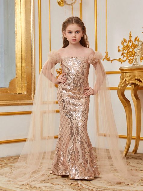 Champagne Party Collar Extra-Long Sleeve Sequins Floral Bodycon Embellished Slight Stretch  Tween Girls Clothing Girl Dress Patterns Wedding, Mesh Sleeve Dress, Simple Frocks, Dance Outfits Practice, African Dresses For Kids, Champagne Party, Wedding Dress Patterns, Kids Dress Patterns, Long Bodycon Dress