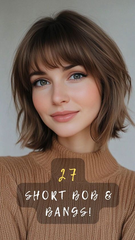 Transform your look with these 27 short bob hairstyles with bangs! Find the perfect style to frame your face and enhance your features. Click to discover how to rock a short bob with flair!✂️👩 #ShortBobWithBangs #HairstylesToLove #FaceFraming #FeatureEnhancing #RockTheLook Bangs Framed Around Face, Short Hair Fringe Bangs Round Face, Bob With Bangs Long Face, How To Style Short Hair Bob With Bangs, Short Layered Haircuts Bangs, Short Face Framing Bangs, Short Bob With Bangs And Layers, Face Framing Layers With Bangs Short, French Bobs With Bangs