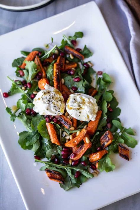 Easy Winter Salad, Roast Carrots, Roasted Carrot Salad, Burrata Salad, Weekly Dinner, Burrata Cheese, Low Carb Sides, Winter Salad, Toasted Pine Nuts