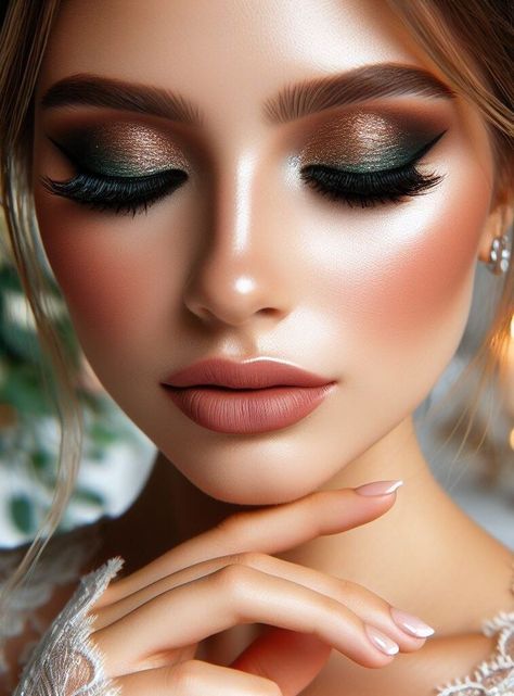 Emerald Green Makeup Looks Natural, Timeless Bridal Makeup, Romantic Bridal Makeup, Engagement Photo Makeup, Green Dress Makeup, Golden Eye Makeup, Hazel Green Eyes, Gold Makeup Looks, Green Smokey Eye