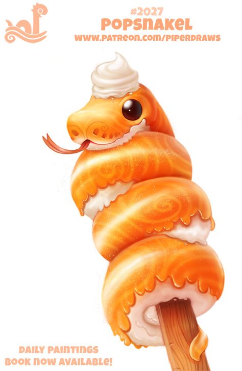 Daily Paint 2027# Popsnakel, Piper Thibodeau on ArtStation at https://www.artstation.com/artwork/vgbPY Cryptid Creations, Akvarel Illustration, Piper Thibodeau, Fruit Animals, Animal Food, Animal Puns, Cute Snake, Cute Reptiles, Karakter Disney