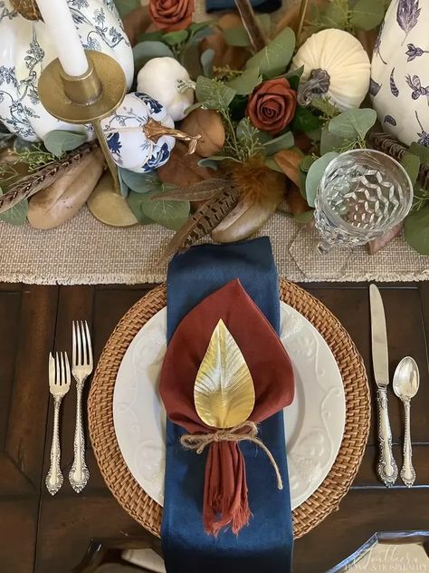 Navy Blue Fall Decor, Dining Table And Buffet, Blue Thanksgiving Decor, Buffet Decorating Ideas, Autumn Dining Table, Blue And Orange Fall Decor, Blue Thanksgiving Table, Thanksgiving Dinner Table Setting, Orange Fall Decor