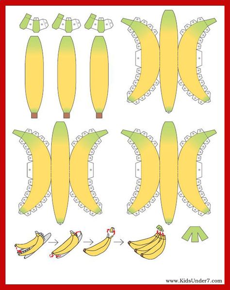 These fruits are made from paper. You can make bananas, pineapple, strawberry ,oranges , and other great-looking fruit. Banana Template, Banana Crafts, Banana Party, 3d Templates, Paper Fruit, Fruit Crafts, 3d Craft, Papercraft Templates, 3d Paper Crafts