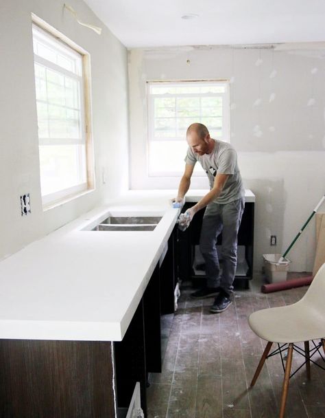 Polished Concrete Countertops, Concrete Countertop Ideas, Diy White Concrete Countertops, Bathroom Concrete, Concrete Countertops Bathroom, White Concrete Countertops, Kitchen Remodel Countertops, Countertops Bathroom, Kitchen Countertop Materials