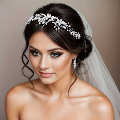 Elevate Your Bridal Hairstyle With This Stunning Crystal Pearl Hair Comb. This Delicate Hair Accessory Features An Intricate Design Of Sparkling Crystals And Lustrous Pearls. The Comb Is Easy To Secure In Any Hairstyle, Making It A Versatile Choice For Brides. Bridal Hair Accessories, Wedding Veil, Bridal Veil, Lace Veil, Tulle Veil, Cathedral Veil, Fingertip Veil, Birdcage Veil, Blusher Veil, Chapel Veil, Wedding Hair Clip, Bridal Hair Clip, Pearl Hair Clip, Crystal Hair Clip, Rhinestone Hair C Sparkly Wedding Hair Pieces, Hair Clips For Wedding Accessories, Wedding Hair With Sparkle, Wedding Hair Decoration Headpieces, Bedazzled Wedding Hair, Wedding Hairpiece With Veil, 2024 Bride Hairstyles, Headband Veil Wedding, Bridal Wedding Hair With Veil