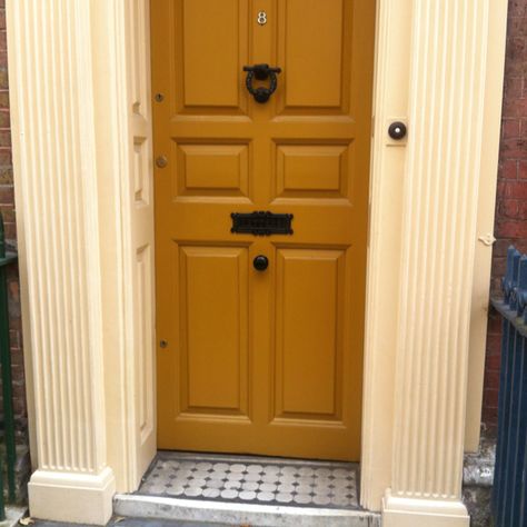 Mustard door colour Mustard Front Door, Mustard Door, Painted Hallway, Victorian Front Door, Door Colour, Mustard Fashion, Front Door Entrance, Black Betty, House Exteriors