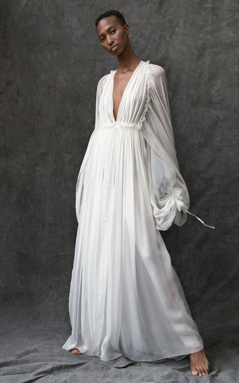 Long Sleeve Silk Flowy Gown  by MAISON RABIH KAYROUZ for Preorder on Moda Operandi Flowy Clothes, White Dress Aesthetic, Rabih Kayrouz, Maison Rabih Kayrouz, Flowy Gown, Long Flowy Dress, White Flowy Dress, Wedding Dress Flowy, Gaun Fashion