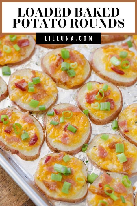 Loaded Baked Potato Rounds are a simple, quick and delicious side. Dip it in sour cream or your favorite dip! #appetizer #bakedpotatorounds #potatorounds #potatoes #bakedpotatoes Loaded Potato Appetizer, Baked Potato Rounds, Potato Appetizer, Potato Rounds, Pork Crockpot Recipes, Potato Appetizers, Making Baked Potatoes, Loaded Baked Potato, Cooking Bacon