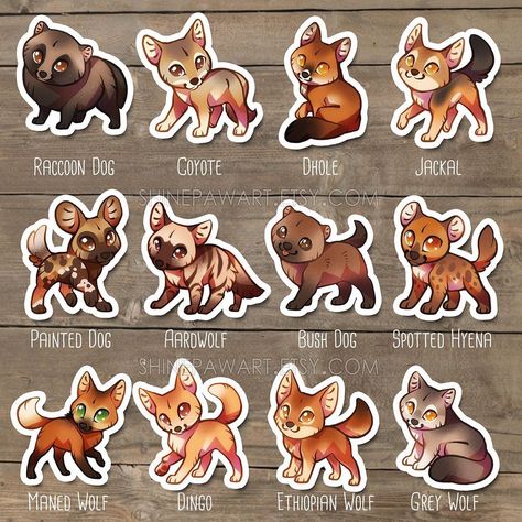 ✧ Nickol Martin ✧ on Instagram: “⭐️Wild dogs + hyenas - sticker set up at shinepaw.com⭐️ Which one do you like the best? 😄💖 Here is another sticker set finally, I like how…” Ethiopian Wolf, Spotted Hyena, Cute Dog Drawing, Maned Wolf, Painted Dog, Wild Dog, African Wild Dog, Warrior Cats Art, Canine Art