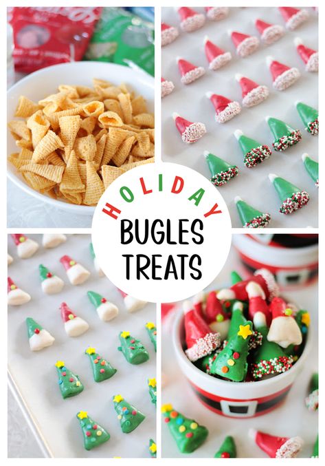 These holiday Bugles treats are so fun to make and the perfect sweet and salty combo. Make Santa hats, elf hats, gnomes, and Christmas trees! Bugle Elf Hats And Trees, Bugle Christmas Hats, Elf Hats With Bugles, Elf Hats Bugles, Bugle Santa Hats, Bugle Christmas Treats, Elf Candy Ideas, Christmas Bugles, Recipes With Bugles