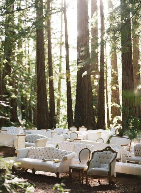 Forest Wedding Ceremony, Wedding Ceremony Seating, Rustic Wedding Decorations, Enchanted Forest Wedding, Outdoor Seating Area, Ceremony Seating, Vintage Rentals, Wedding Ceremony Decorations, Woodland Wedding