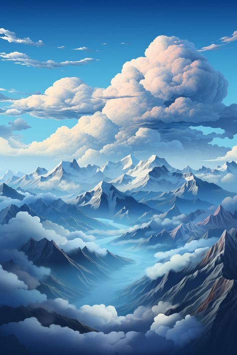 Beautiful mountain range clouds, rolling over them art, dominant teal and blue hues. Cute Digital Art, Mountain Clouds, Digital Art Software, Mountain Background, Vertical Landscape, Graphisches Design, Church Poster Design, Cool Backgrounds Wallpapers, Landscape Art Painting