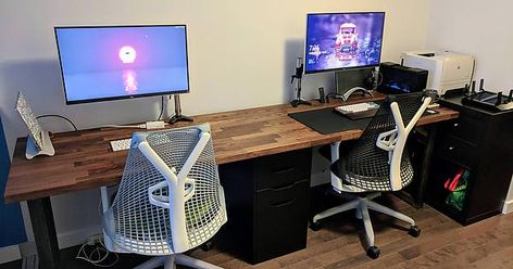 His and hers battle station. After moving and spending two weeks assembling all the things, this is the last piece. - Imgur Battle Station, Custom Pc, Room Inspo, The Things, Game Room, Corner Desk, Standing Desk, Work Space, The Magic