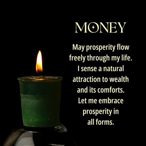 The forest green Money Votive Candle is scented with a fragrant blend of clove, cinnamon, nutmeg, myrrh, citronella and rain oils. The affirmation reads: "May prosperity flow freely through my life. I sense a natural attraction to wealth and its comforts. Let me embrace prosperity in all forms." Use the Money Candle to attract lotteries, raises and cash. You can also use it in combination with the Abundance Candle for business moves, career moves or starting new projects. When you are ready to u Morning Spells, White Candle Magic, Green Candle Magic, Crystal Meanings Charts, Abundance Candle, Candle Magick Spells, Wealth Spell, Money Candle Spell, Money Oil