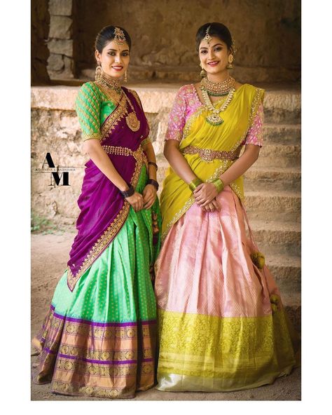 Aishwarya & Madhumika on Instagram: “"AADHYA" 2021 - collection An Emerald Green gadwal pattu Lehanga ensembled with heavy embroidered blouse, paired with a classic purple…” Pattu Langa Voni Half Saree, Langa Voni Half Saree, Pattu Lehenga, Traditional Lehenga, Green Sari, Langa Voni, Designer Anarkali Dresses, Anarkali Dresses, Lehenga Saree Design