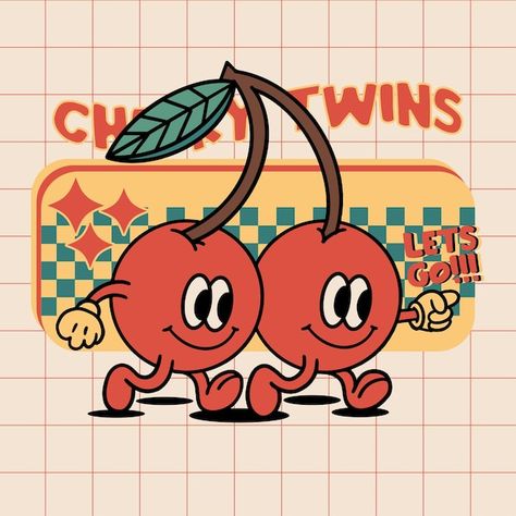 Cherry Character, Cheese Character, Retro Cartoon Characters, Cute Japanese Cartoon, Cherry Art, 70s Cartoons, Logos Vintage, Logos Retro, Fruit Cartoon