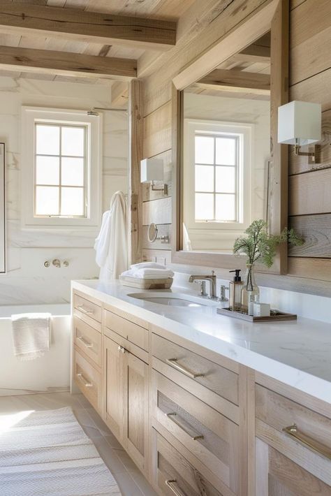 Mixing Modern And Farmhouse, Coastal Farmhouse Bathroom, Cottage Bathrooms, Coastal Bathroom Design, Beachy Bathroom, Farmhouse Bathroom Design, Farmhouse Bathroom Ideas, Laundry Space, Charming Farmhouse