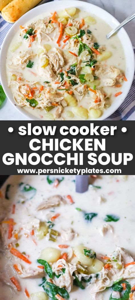 This creamy Slow Cooker Chicken Gnocchi Soup is an Olive Garden copycat recipe. Filled with shredded chicken, potato gnocchi, and spinach, this soup is super simple to throw together in the crockpot! Copycat Chicken Gnocchi Soup, Slow Cooker Chicken Gnocchi Soup, Slow Cooker Chicken Gnocchi, Gnocchi And Spinach, Split Pea Soup Crockpot, Savory Soup Recipes, Persnickety Plates, Chicken Gnocchi Soup Recipe, Olive Garden Chicken Gnocchi