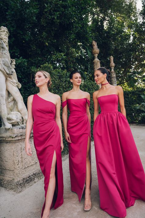 Bridesmaid dresses by Jenny Yoo cut in our beautifully textured new Luxe Faille fabric, featuring our hot new shade of pink, "Azalea". Raspberry Pink Dress, Neon Pink Bridesmaid Dresses, Fuschia Bridesmaid Dresses Color Schemes, Hot Pink Bridesmaid Dresses Wedding, Fuschia Pink Bridesmaid Dresses, Hot Pink Bridesmaid Dress, Deep Pink Bridesmaid Dresses, Jenny Yoo Bridesmaid Dresses, Fuschia Dress Outfit Wedding