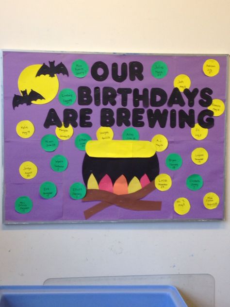 Halloween birthday board! Birthdays are brewing October Birthday Board Classroom, Birthday Board For Infants, Halloween Birthday Bulletin Boards, Monthly Birthday Board Ideas For Work, October Birthday Bulletin Board Ideas, School Birthday Board Ideas, Halloween Birthday Board Classroom, October Birthday Board Ideas, Fall Birthday Wall For Classroom