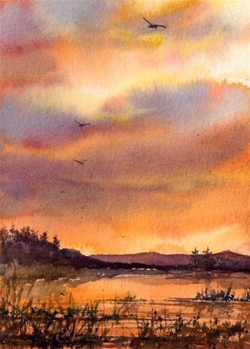 Morning Landscape Painting, Fall Canvas Painting, Watercolor Art Landscape, Watercolor Sky, Watercolor Sunset, Canvas For Beginners, Canvas Drawings, Watercolour Inspiration, Canvas Painting Ideas