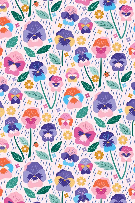 Pansy flower retro floral pattern #pansies #pansy #floralpattern Pansies Wallpaper, Pansies Illustration, Pansy Illustration, Pansy Wallpaper, Spring Pattern Illustration, British Farmhouse, Pansy Painting, Floral Pattern Illustration, Pansies Art