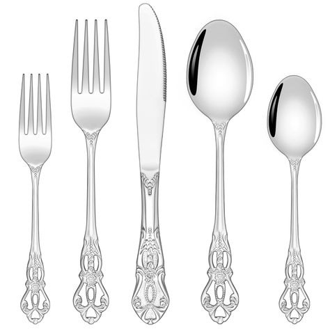 PRICES MAY VARY. Silverware Set for 6: 30-Pieces Vintage Silverware Set includes 6 Salad/Dessert Forks,6 Dinner Forks,6 Dinner Knives,6 Dinner Spoons,6 Dessert/Tea Spoons. Make it your irreplaceable tableware with peace of mind! Beautiful Baroque-Style Design:Silver Utensil Set features intricately carved mirror polished finish baroque royal court designs,exudes luxury reminiscent of aristocratic cutlery use in manors,while elegance and beauty to enhance exquisite table setting Premium Quality Stainless Utensil Sets:These Retro Silverware Set are made from high quality food grade stainless steel to ensure safety during use. And rust-proof, corrosion-resistant, non-toxic, BPA-free, providing for long-lasting durability Proper Weight&Ergonomic Handle:Unlike others, our utensil handles design Fancy Silverware, Party Utensils, Carved Mirror, Kitchen Party, Dessert Tea, Spoon Knife, Tea Spoons, Vintage Flatware, Utensils Set