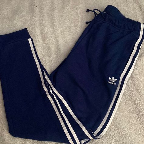 Navy, Adidas Originals Sweatpant, Signature 3-Stripe Details On Side, Navy Color, Size Small But Slightly Oversized Fit. New Without Tags Adidas Blue Sweatpants, Aero Sweatpants, Depop Ideas, Blue Adidas Pants, Adidas Sweatpants Outfit, Navy Blue Sweatpants, Adidas Clothes, Navy Sweatpants, Sweatpants Blue