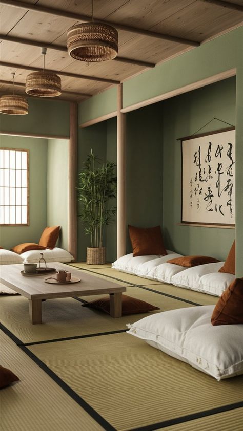 Traditional Japanese Home Aesthetic, Japandi Floor Seating, Tatami Tea Room, Floor Cushion Living Room Ideas, Modern Tatami Room, Tatami Mat Living Room, Japanese Sitting Room, Rust And Green Living Room, Tatami Room Modern