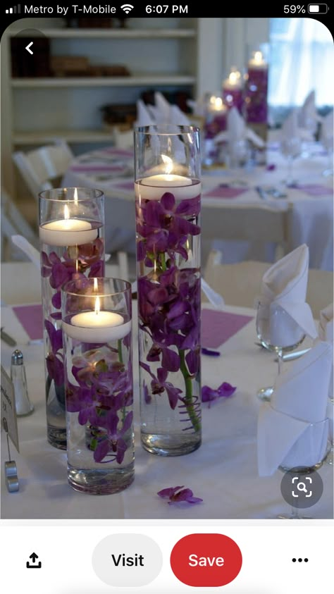 Floating Candles With Orchids, Candle And Flower Decoration, Purple Orchid Centerpiece, Orchid Table Centerpiece, Orchid Wedding Decor, Purple Floating Candles, Submerged Flower Centerpiece, Amazing Wedding Centerpieces, Orchid Centerpieces Wedding