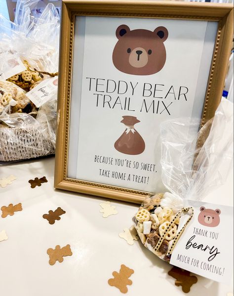 Bear Shower Food Ideas, Bear Theme Shower Ideas, Teddy Bear Sweets, Teddy Bear Party Ideas First Birthdays, First Birthday Treat Bags, Beary Sweet Birthday, Bear Trail Mix Teddy Grahams, Bear Themed Charcuterie Board, Bearly One Party