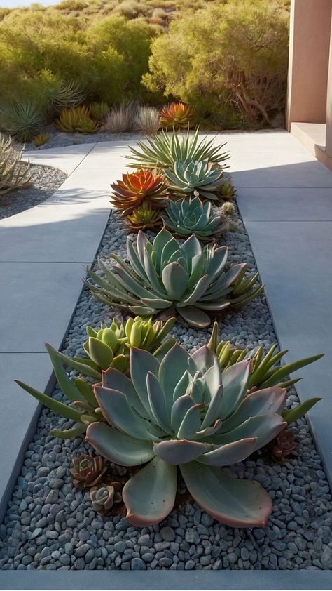 Front Yard Charm: Easy-Care Succulent Garden Designs for Busy Homeowners - Cheerful Talks Ideas For Flower Beds In Front Of House, Front Yard Landscaping Texas, Succulent Front Yard Landscaping, Zeroscaping Front Yard, Desert Landscaping Front Yard, Rock Landscaping Ideas Front Yard, Succulent Backyard, Modern Farmhouse Garden, Lawn Makeover