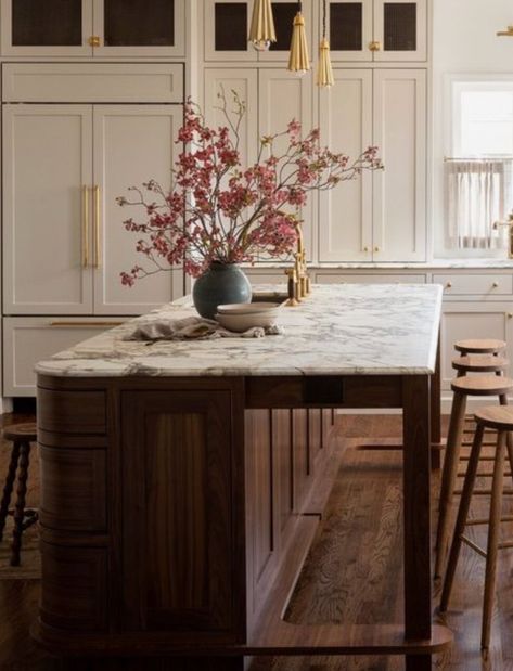 Wood Kitchen Island With White Cabinets, Kitchen Island Next To Dining Table, 8 Ft Island Kitchen, Beams In Kitchen Ceiling, Long Kitchen Islands, Two Level Island, Dining Island, Kitchen 2025, Earth Tones Kitchen